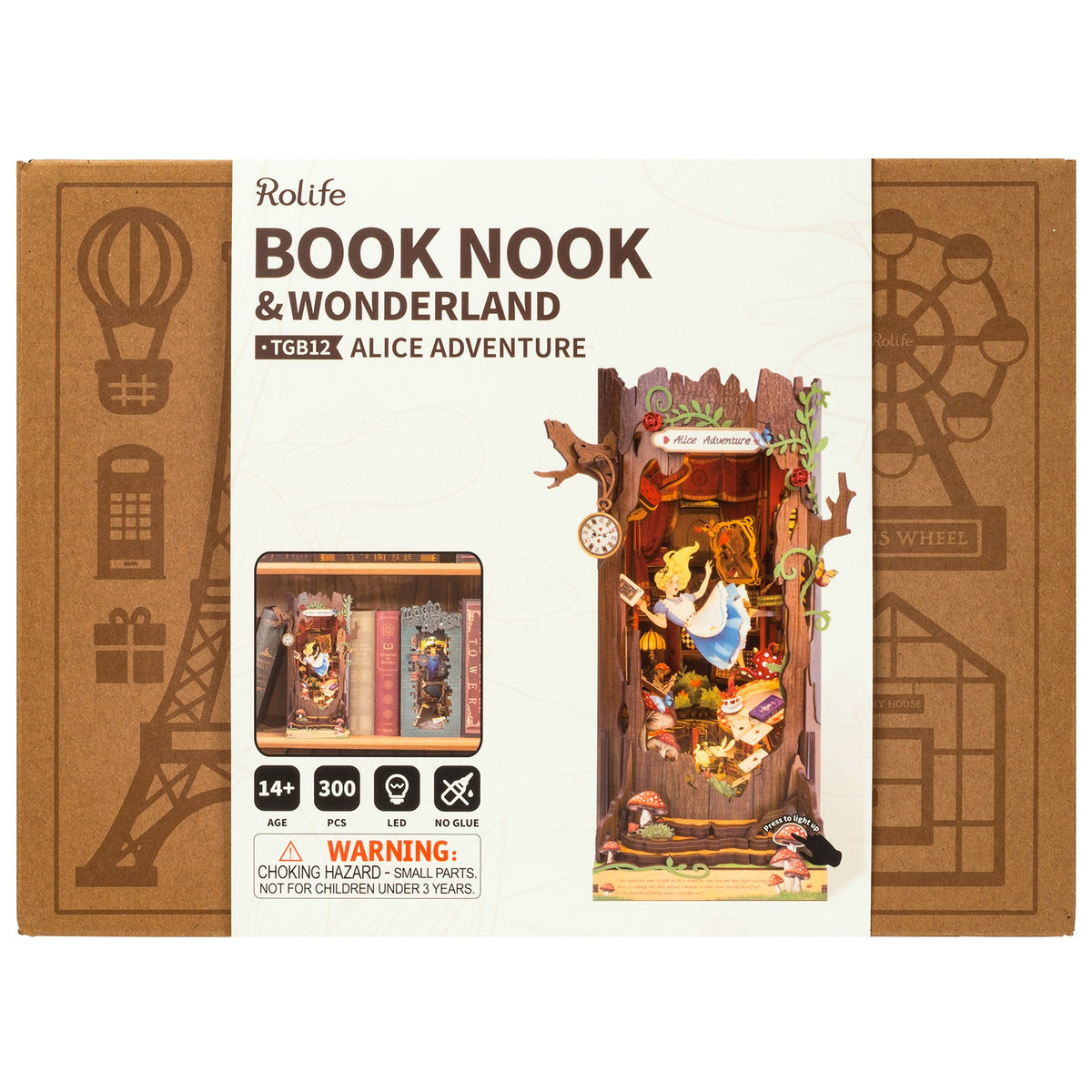 Voorkant verpakking van de Robotime Alice Adventure book nok