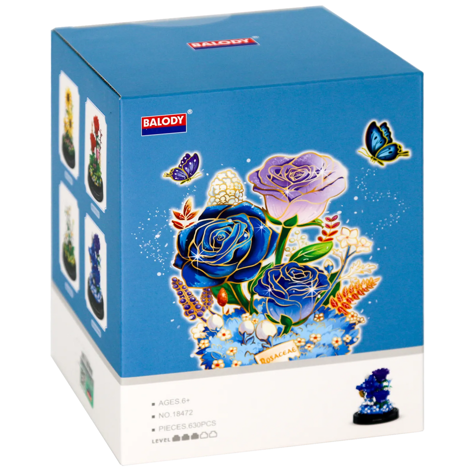 Voorkant verpakking van de Balody miniblocks blauwe rozen in stolp