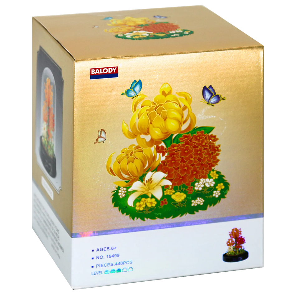 Voorkant verpakking van de Balody miniblocks chrysanten in stolp