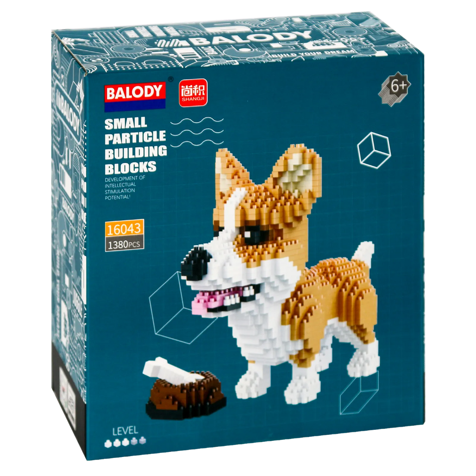 Voorkant verpakking van de Balody miniblocks corgi