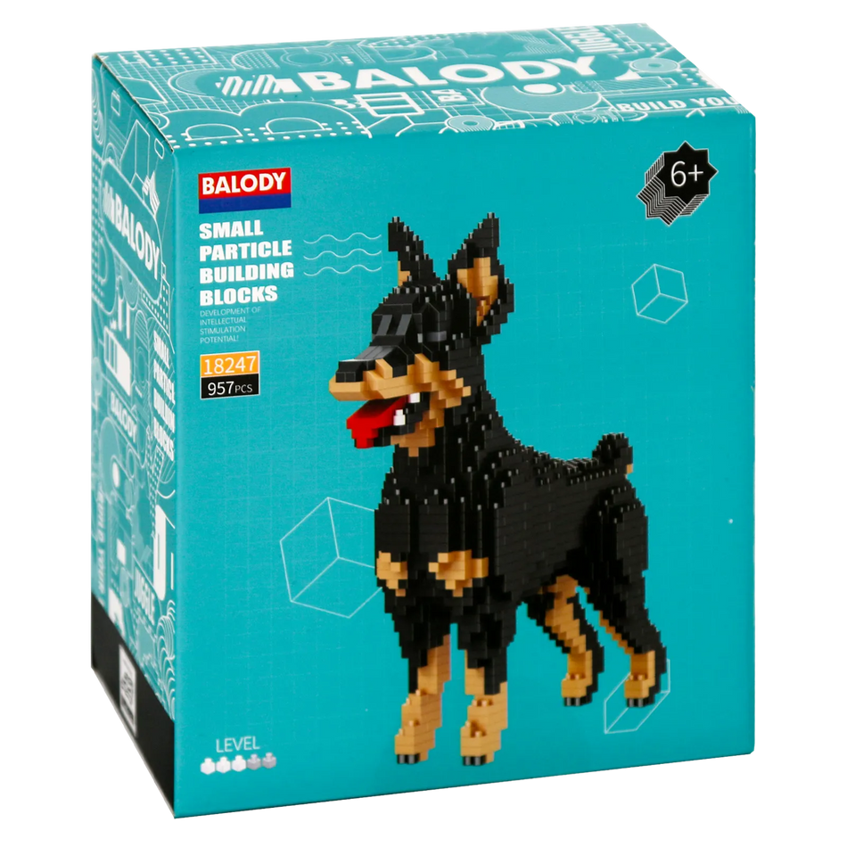 Voorkant verpakking van de Balody miniblocks dobermann