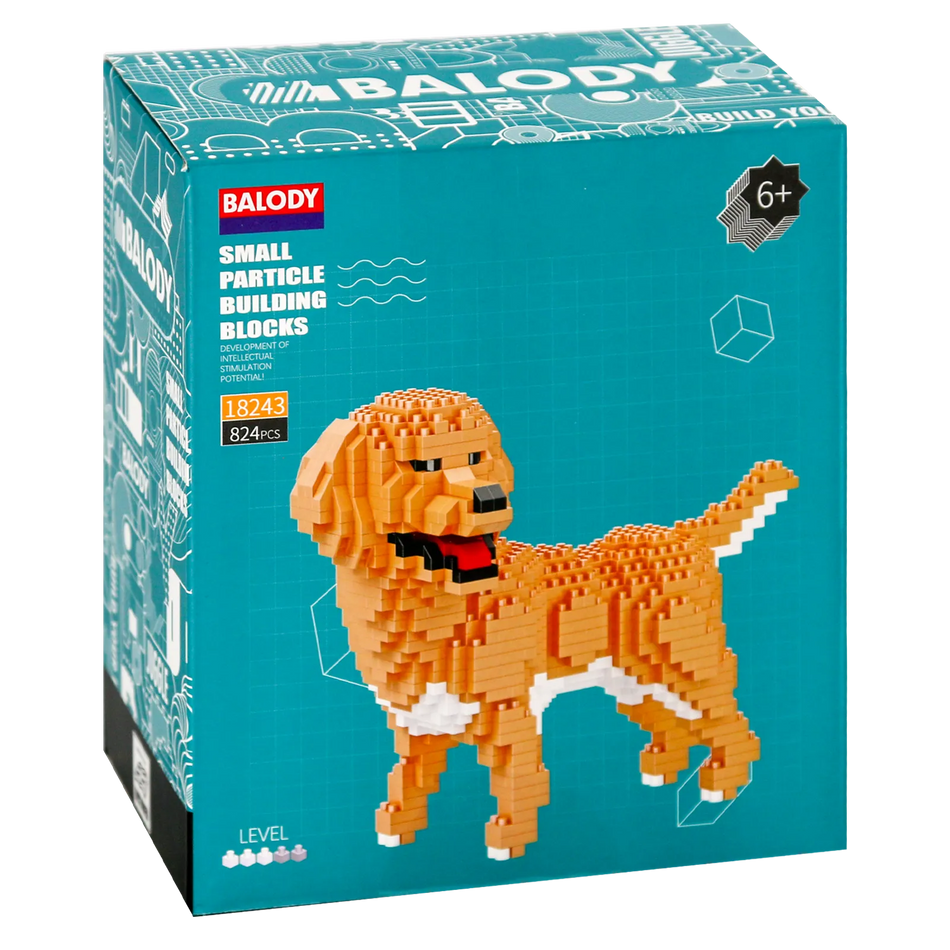 Voorkant verpakking van de Balody miniblocks golden retriever