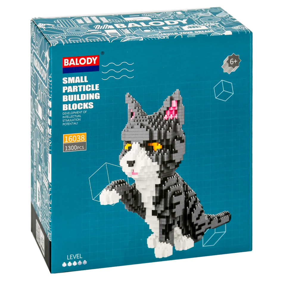 Voorkant verpakking van de Balody miniblocks grijs-witte kat