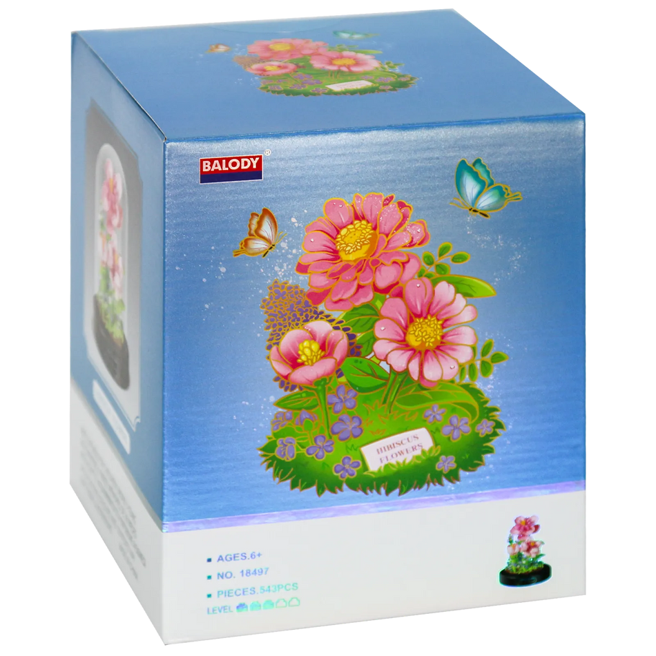 Voorkant verpakking van de Balody miniblocks hibiscus in stolp