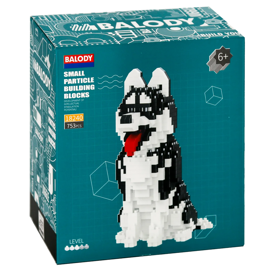 Voorkant verpakking van de Balody miniblocks kleine husky