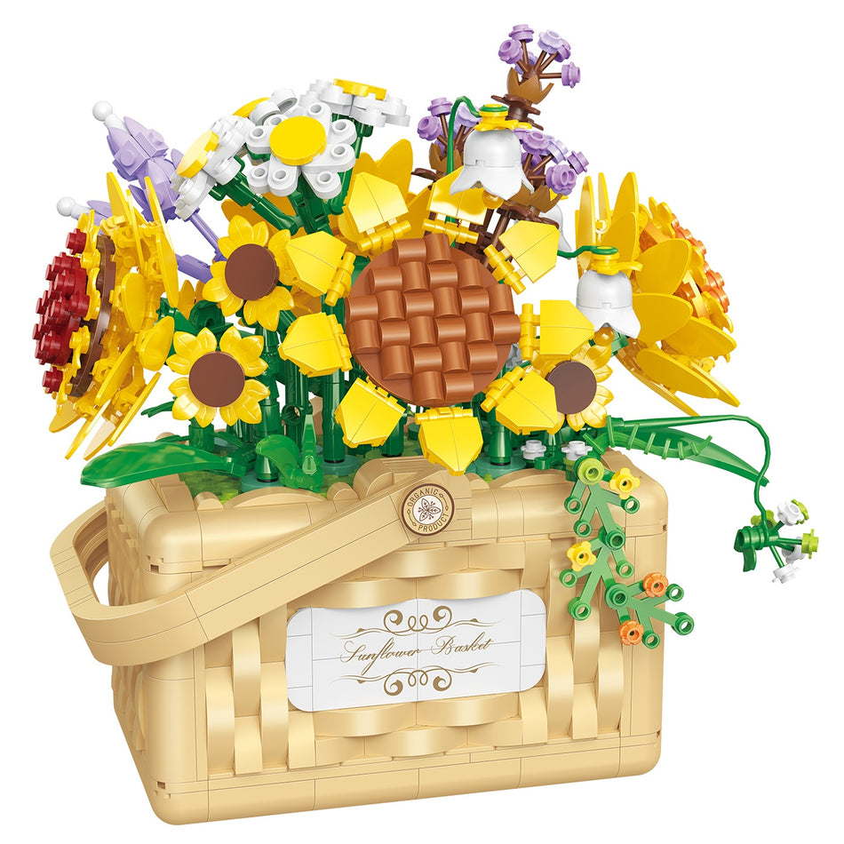 Productfoto van het Balody miniblocks bloemstuk met zonnebloemen en andere bloemen in een mandje