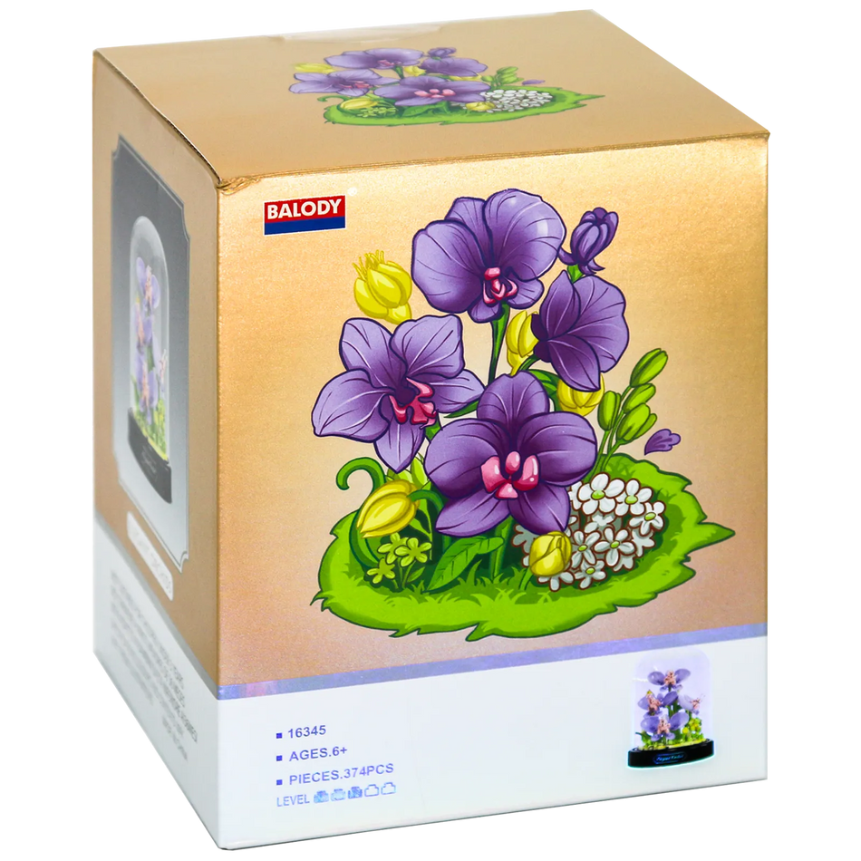 Voorkant verpakking van de Balody miniblocks orchideeën in stolp