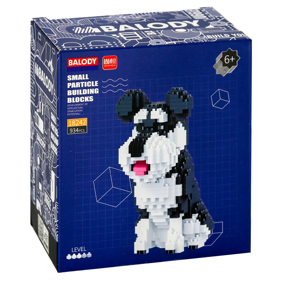 Voorkant verpakking van de Balody miniblocks kleine schnauzer