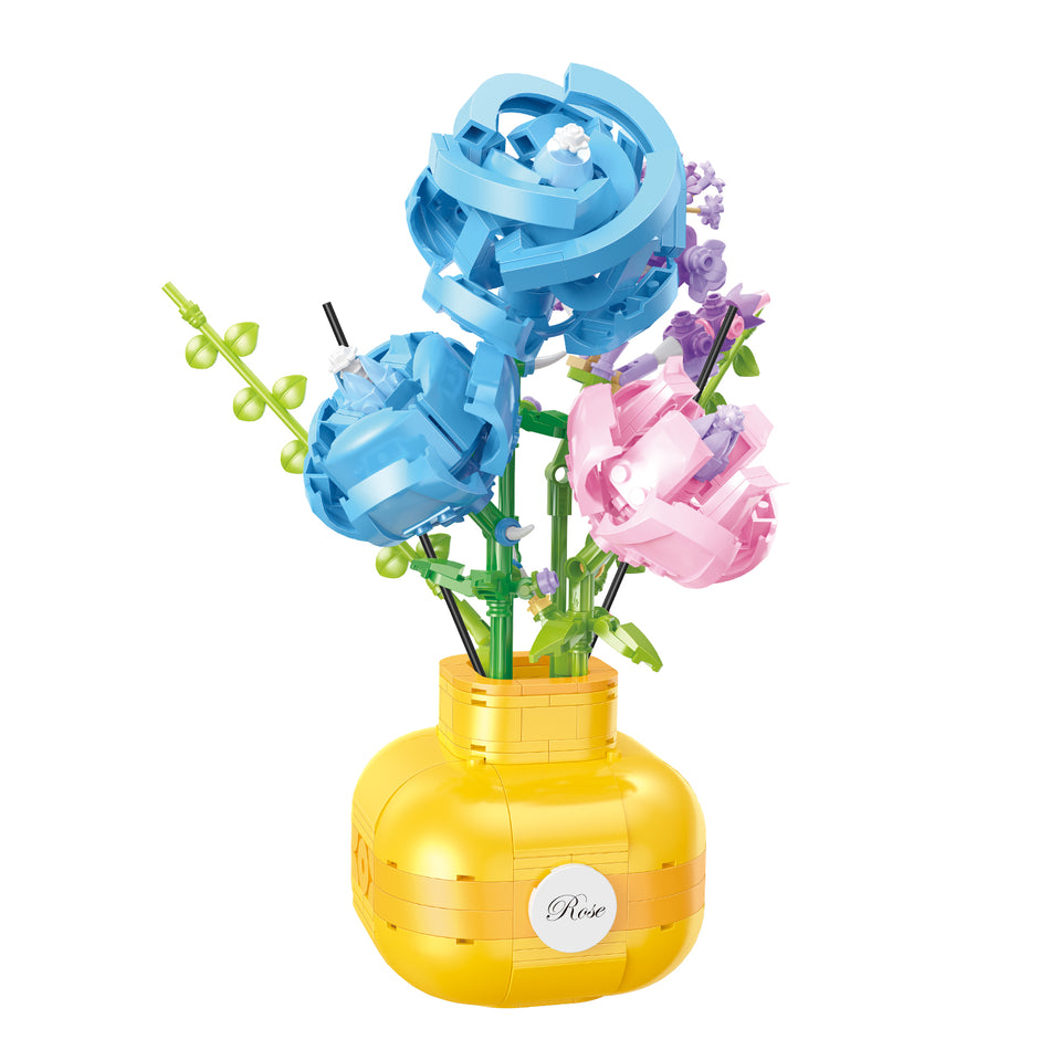 Productfoto van de Balody miniblocks gele vaas met blauwe en roze rozen